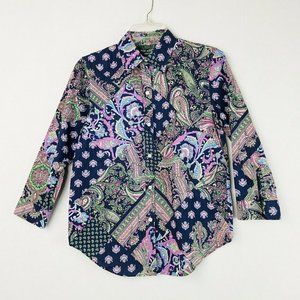 RALPH LAUREN Navy Blue Paisley Patch Print Cotton